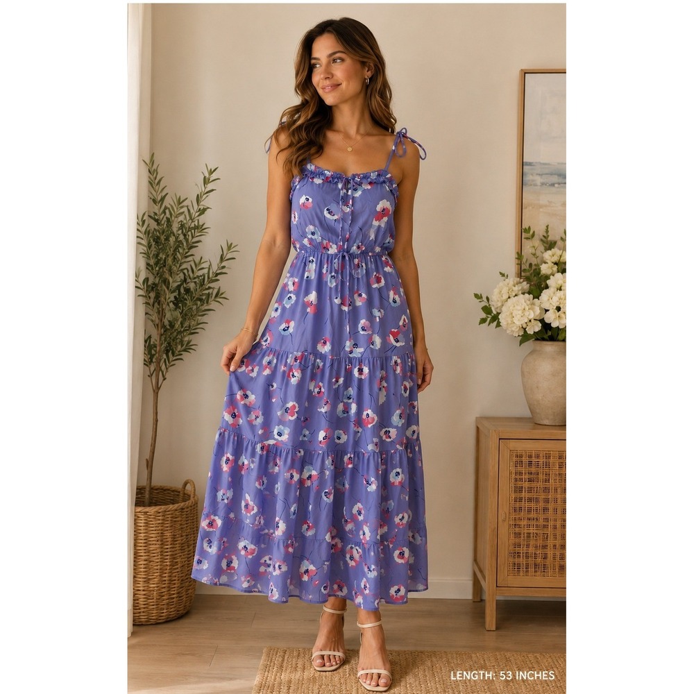 Jessica Simpson Purple‎ Floral Tiered Maxi Dress Poppy Print Ruffle Neck NEW M